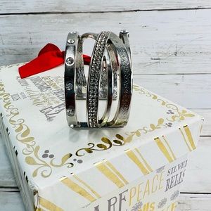 Open Work Cuff Bracelet Silver Tone Modern 2” Wide Crossed Strands. Y2K